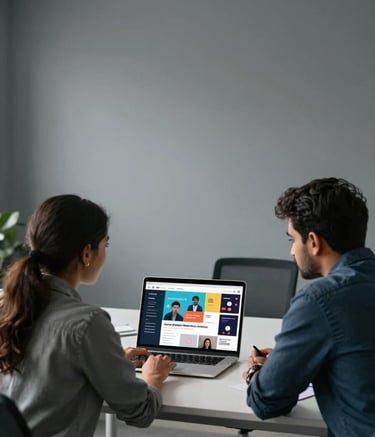 A wide-angle photography shot of a collaborative workspace in South India. Two professionals are engaged in a discussion over a laptop screen, which displays a vibrant social media marketing strategy. The office is minimalist with cool grey and slate tones.