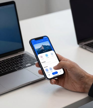 A clean, modern workstation in a professional North American office. A smartphone is being used to test a sleek, user-friendly mobile application interface next to a high-end laptop. The lighting is bright and professional with accents of blue and gray.