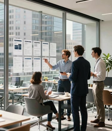 A high-end collaborative workspace in a North American city. Professionals in business casual attire are discussing mobile app wireframes on a glass wall in a bright, sunlit office environment with modern furniture.