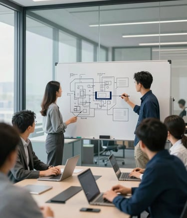 A sleek, modern glass-walled conference room. A diverse team of developers is collaborating on a whiteboard with architecture diagrams. The aesthetic is clean and trustworthy, utilizing a palette of #0E1B25 and #E9F2F7.