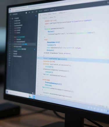 A close-up of a high-resolution workstation screen showing elegant, clean code. The lighting is professional and cool, emphasizing a focused atmosphere. Accents of #6C8CA7 and #2F4858 appear in the IDE syntax highlighting. Modern, innovative spirit.