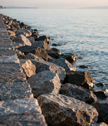 A close-up shot of a meticulously constructed stone seawall along a peaceful shoreline. The craftsmanship is evident in the tight fit of the rocks. Soft morning light reflects off the water in shades of #A0CBD9 and #4F7F8F, conveying professional expertise and robust reliability.