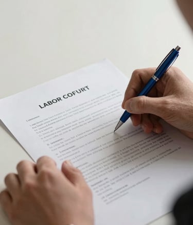 A close-up of hands reviewing a legal labor contract on a clean desk. A Steel Blue pen sits next to the document. The lighting is soft and professional, emphasizing a mood of reliability and attention to detail. Soft Off-White background.