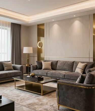 A wide-angle professional photograph of a luxurious modern living room in a South Asian home. The palette features champagne beige walls, gold metal accents, and minimalist charcoal furniture. The lighting is soft and elegant, highlighting the high-end textures and architectural lines.