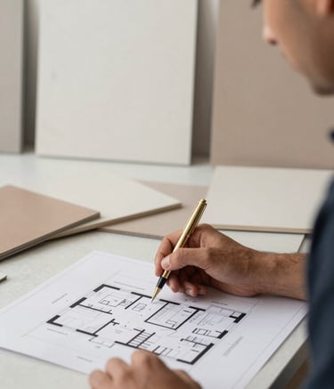A close-up shot of a professional architect in a minimalist design studio in Delhi, reviewing floor plans with a gold pen. The background features off-white and nude-colored material samples. Sophisticated atmosphere with natural light.