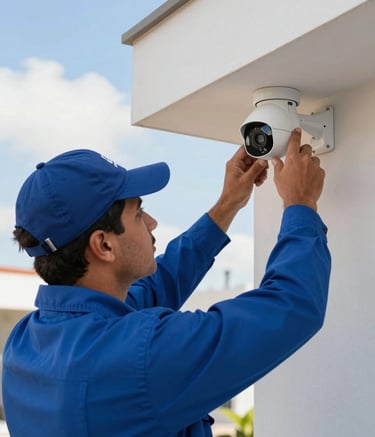 A close-up photograph of a professional technician in a clean royal blue uniform installing a modern security camera on the exterior wall of a contemporary South American / Brazilian home. The lighting is bright and clear, reflecting a reliable and professional service atmosphere. Background features sky blue accents and a neutral off-white wall.
