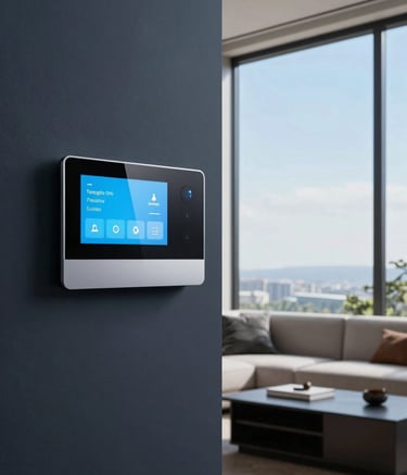 Photography of a modern and minimalist South American / Brazilian living room featuring integrated smart home automation. A sleek control panel is visible on the wall near a large window. The room is decorated with subtle dark navy and sky blue tones, creating an atmosphere of innovation and high-end technology.