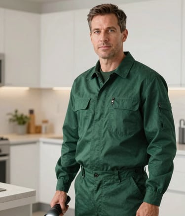 A professional pest control technician wearing a dark forest green uniform standing confidently inside a clean, modern North American / US kitchen. The technician is holding a professional flashlight, appearing authoritative and approachable in a bright, soft off-white setting.