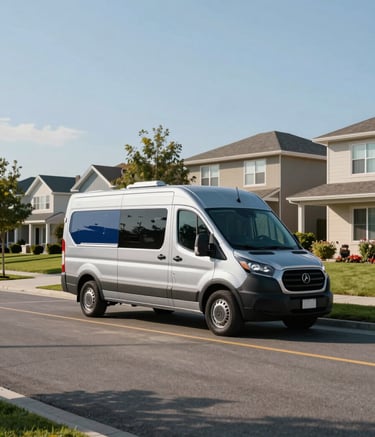 A wide-angle professional photograph of a silver and dark blue mobile service van parked on a modern North American street. The van is clean and professionally branded. In the background, a residential neighborhood with well-kept lawns is visible under a clear, bright sky.