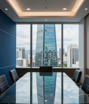 Interior of a corporate meeting room in a Brazilian skyscraper. A large glass table reflects the bright ceiling lights. The view through the window shows a sprawling urban landscape. Elegant and professional atmosphere with navy blue and cyan details.