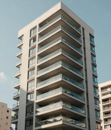 A professional architectural photograph of a modern residential building in a Brazilian metropolitan area. The structure has glass balconies reflecting a clear sky. Daytime lighting, high contrast, capturing a sense of reliable property management.