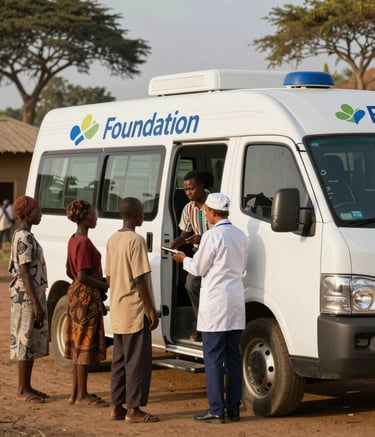 A modern mobile health clinic vehicle branded with the foundation logo, parked in a rural East African / Ethiopian village. A group of local community members are being greeted by a healthcare professional. The lighting is warm afternoon sun, creating a hopeful and professional atmosphere.