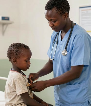 A compassionate healthcare worker in a clean clinic setting in East Africa / Ethiopia, providing a check-up to a young child. The environment is bright and welcoming with walls in off-white and accents of pale sage. Professional, high-quality photography.