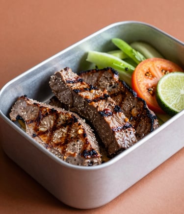 Close-up photography of a beautifully arranged Latinoamericano lunch box with grilled proteins and fresh vegetables. The style is modern and clean, set on a warm terracotta background with natural side lighting that evokes appetite and freshness.