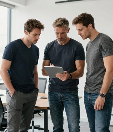 A group of three professional men in smart-casual attire, including t-shirts and jeans that fully cover their thighs, collaborating in a bright, modern British office. They are gathered around a wooden table with a tablet, showing grounded professionalism. The aesthetic is clean and minimal with dark slate gray accents.