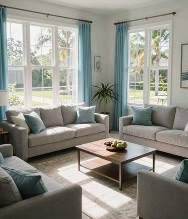 A high-angle, wide shot of a modern living room in Bradenton, Florida. Sunlight pours through perfectly clear windows onto a polished floor. The decor features soft sky blue accents and misty off-white walls, creating a serene, pristine atmosphere.