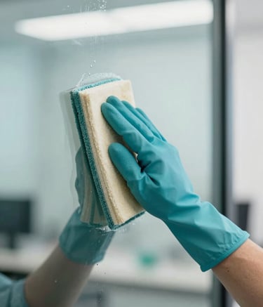 A close-up photograph of a professional cleaning service in action. A gloved hand carefully polishes a glass surface in a bright office. The color palette includes medium cyan teal and misty off-white, emphasizing modern efficiency.