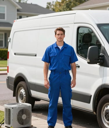 A professional HVAC service technician in a bright professional blue uniform standing next to a clean, white branded service van in a North American / US residential neighborhood during a bright morning. The scene conveys reliability and readiness.