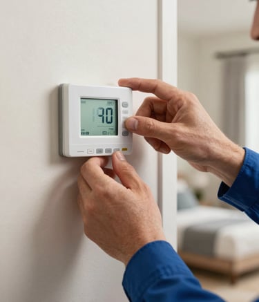 A close-up of a professional HVAC technician's hands carefully adjusting a modern digital thermostat inside a North American / US home. The background features soft off-white walls and clean, modern interior lighting that highlights a sense of indoor comfort.