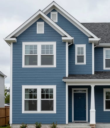 A wide-angle photograph of a clean, modern North American / US house featuring new Stormy Blue siding, showcasing superior craftsmanship and curb appeal in a professional residential setting.