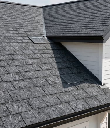 Detailed photography of professional roofing shingles in a Deep Slate gray color, featuring clean lines and expert installation on a modern North American / US home under bright daylight.
