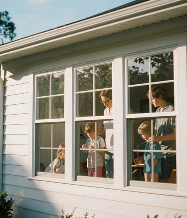 A bright and airy photograph of a North American family home in Gainesville with sparkling clean windows that catch the afternoon sun, reflecting a sense of pride and community care.