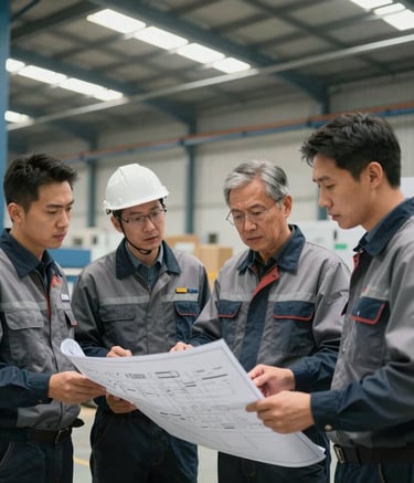 A professional group of technicians in modern workwear discussing blueprints in a large, well-lit North American / US warehouse, steel blue and slate gray environment, confident and professional mood.