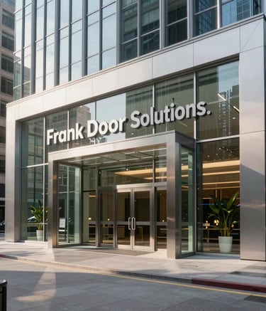 A wide-angle photography shot of a sleek, modern glass and steel commercial entrance in a North American / US city center, bright afternoon lighting, showcasing a professional large-scale installation by Frank Door Solutions.