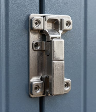 A close-up photograph of high-quality brushed steel door hardware and hinges, showcasing precision engineering and durability, natural daylight, North American / US industrial setting, steel blue and slate gray tones.