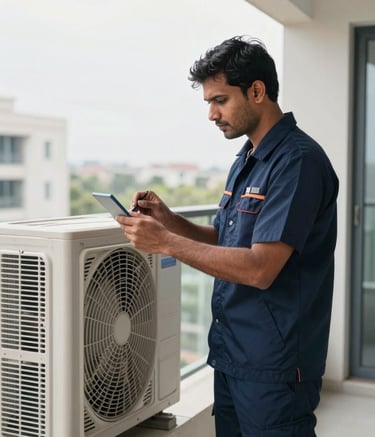 A professional South Asian technician in a clean navy uniform inspecting an outdoor AC unit on a modern apartment balcony in Noida during the day. The lighting is bright and clean, with soft white and steel blue tones in the background.