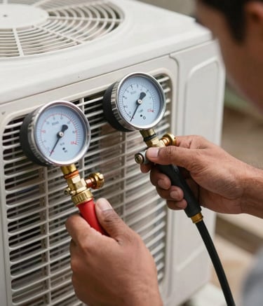 Close-up photography of a technician's hands using professional pressure gauges and manifold tools on a residential AC unit. The scene is bright and professional, emphasizing expertise and reliability in a South Asian setting.