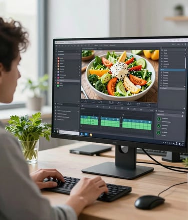 A side view of a professional digital content creator in a bright North American office editing a vibrant image of a harvest salad on a large computer screen. Beside the screen, there are fresh herbs in a small glass. The lighting is crisp and modern, reflecting a clean and professional creative agency environment.