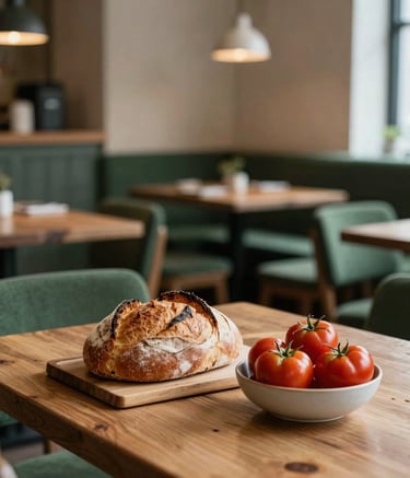 A cozy Scandinavian-style restaurant interior in Europe with rustic wooden tables, forest green cushions, and warm, soft lighting. On the table sits a freshly baked loaf of sourdough bread and a bowl of deep ripe crimson tomatoes. The atmosphere is inviting and earthy.