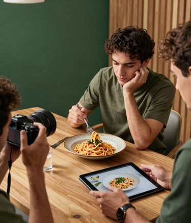 A high-quality lifestyle shot of a creative team collaborating in a modern studio. One person is photographing a rustic plate of pasta while another reviews the shot on a tablet. The room features forest green accents and warm wooden textures.