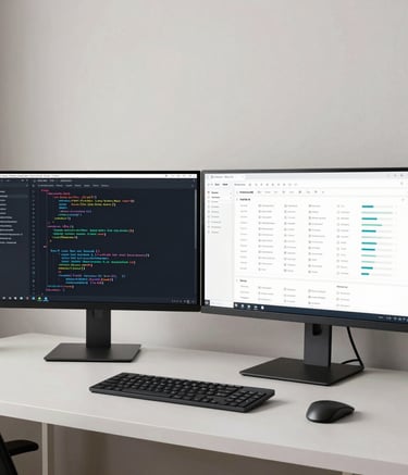 A professional North American home office setup featuring dual ultra-wide monitors displaying clean lines of code and a SaaS-style dashboard. The room is modern and minimalist with soft, off-white walls.