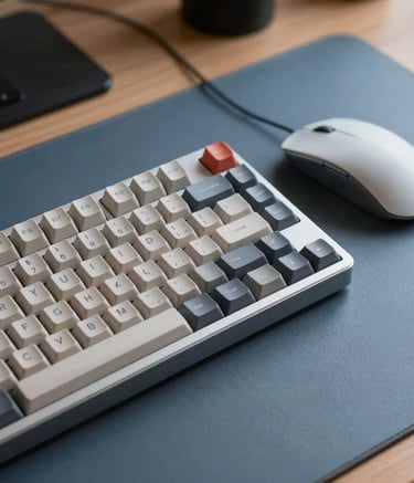 A close-up shot of a high-end mechanical keyboard and a minimalist mouse on a slate blue desk mat. The lighting is crisp and professional, suggesting a high-performance North American workspace.