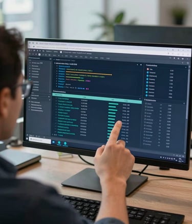 An over-the-shoulder shot of a developer analyzing complex data structures on a monitor. The environment is a professional, high-tech North American office with a palette of deep navy and slate blue.