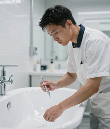 A professional technician in New York City wearing a clean uniform, meticulously applying a high-gloss finish to a bathtub. The scene is bright and professional with a modern industrial aesthetic, featuring white tiles and clean lines.