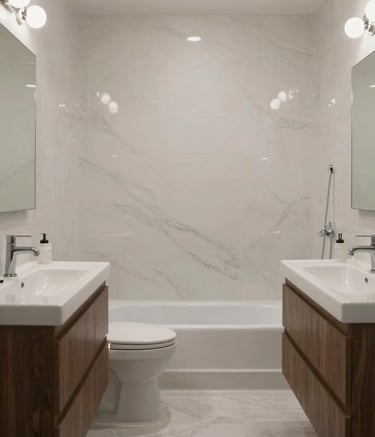 Wide shot of a clean, minimalist bathroom after a full reglazing service in a New York City loft. The lighting is natural and bright, showcasing the efficient and professional transformation.
