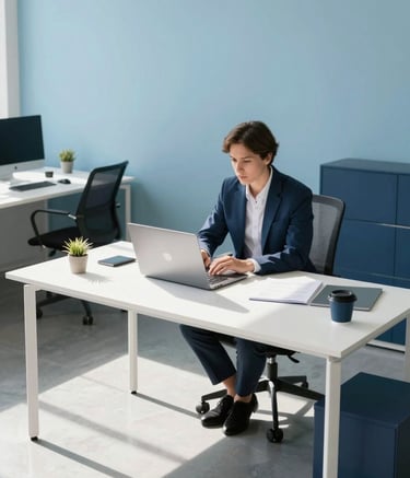 A high-angle photography shot of a modern, sunlit North American office. A professional person sits at a minimalist white desk with a high-end laptop, surrounded by subtle sky blue and navy blue office decor. The atmosphere is clean, efficient, and bright, reflecting a professional software development environment.