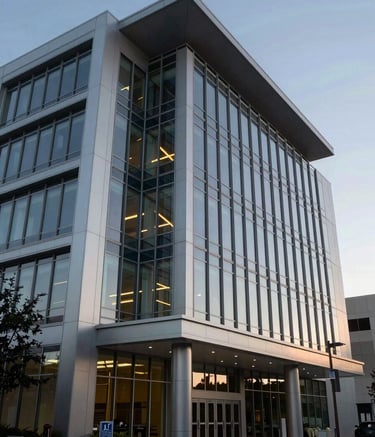 The exterior of a modern, professional law firm building in North American / US / California. The architecture is clean and modern with glass and steel elements. The sky is a soft Sky Blue during twilight, casting a reliable and calm glow on the structured environment.