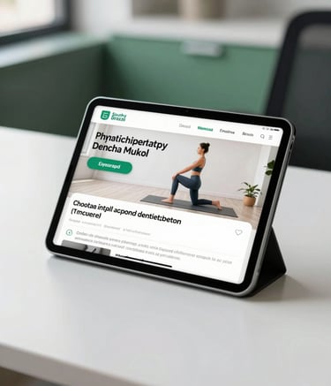 A close-up of a tablet displaying a professional physiotherapy exercise application, resting on a clean white desk in a South American / Brazilian office. The background is softly blurred showing a hint of deep green and light green office decor with bright, natural morning light.