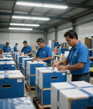Un almac37n de carga espacioso y bien iluminado en Latinoam37rica con operarios coordinando la distribuci37n. La atm37sfera es profesional y activa, con una paleta de colores dominada por el azul marino y blanco roto, mostrando orden extremo.
