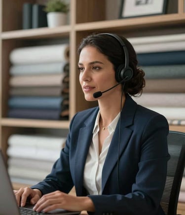 Photography of a modern office in a South American business district. A professional woman wearing a headset is speaking calmly, with blurred textile rolls and fabric samples visible on shelves in the background. Soft daylight, professional mood, using deep charcoal and slate blue tones.