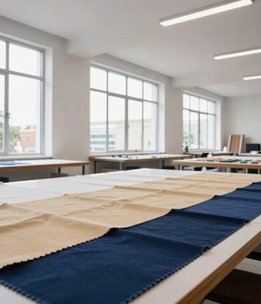 A wide-angle professional photograph of a modern textile design studio in Brazil. Large windows, clean white walls, and a large table covered with fabric swatches in sand and navy blue colors. Professional and minimalist atmosphere.
