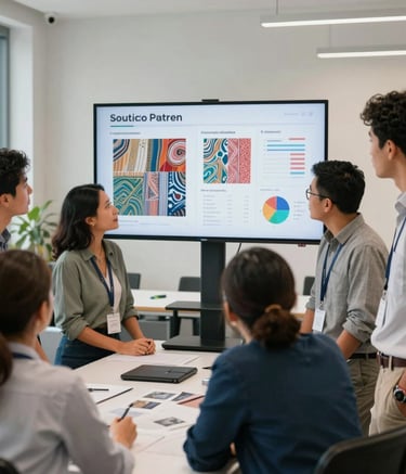 Photography of a diverse South American professional team collaborating in a bright, modern workspace. They are looking at a large screen showing textile production metrics. The style is clean, sharp, and business-focused.