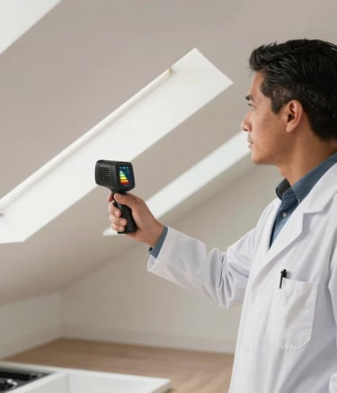 Hispanic professional expert pointing at a thermal scanner showing energy efficiency results inside a clean, modern home attic. Bright and professional atmosphere.