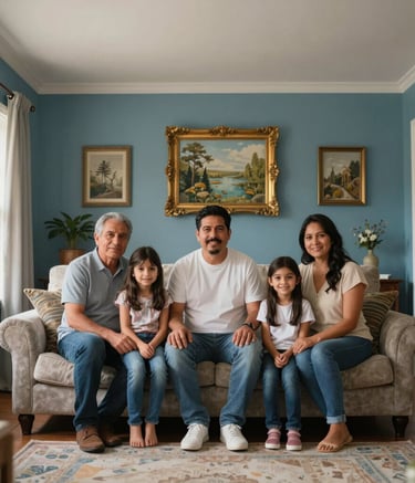 Interior view of a cozy Hispanic family home with comfortable lighting, suggesting a well-regulated indoor temperature and clean air environment, with subtle Steel Blue and Gold decor elements.