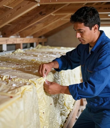 A Hispanic professional technician in a Steel Blue uniform carefully installing layers of high-quality insulation in a clean attic. Clear, professional lighting highlighting the precision of the work.