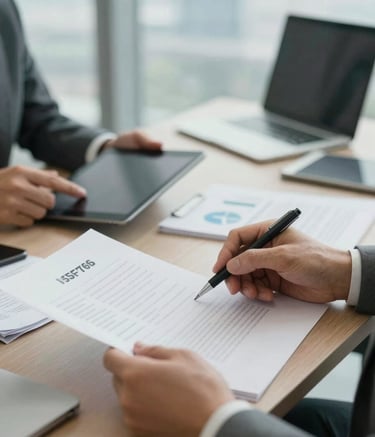 A close-up shot of professional hands reviewing business documents and a digital tablet in a high-end Riyadh office. The lighting is soft and natural, emphasizing a sophisticated atmosphere. The color palette incorporates professional tones of #5F776C and #F8F5EE, reflecting trustworthiness and clarity.